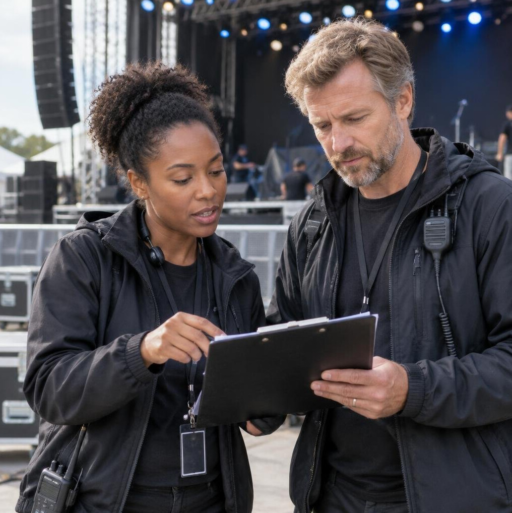 Production team reviewing a shot list on a clipboard