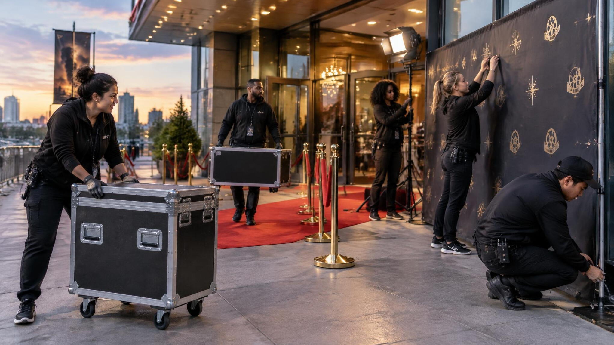 Wide shot of an event production crew preparing a venue entrance
