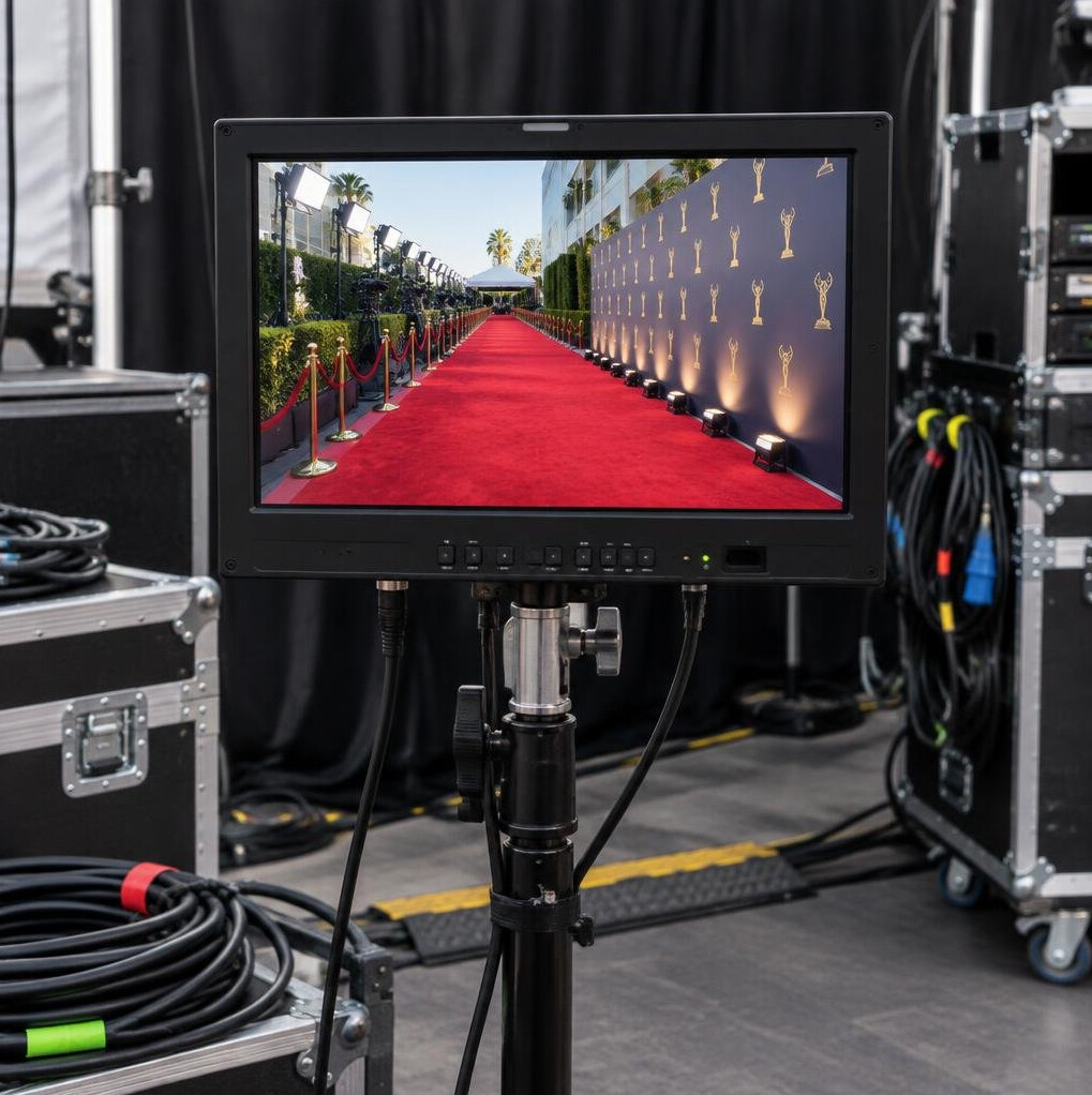 Video monitor displaying a live camera feed backstage