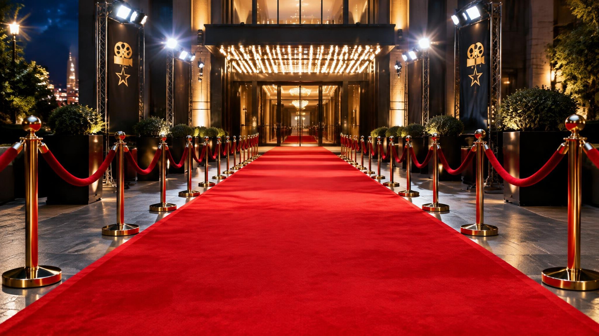 Velvet ropes and red carpet runway leading to an event entrance