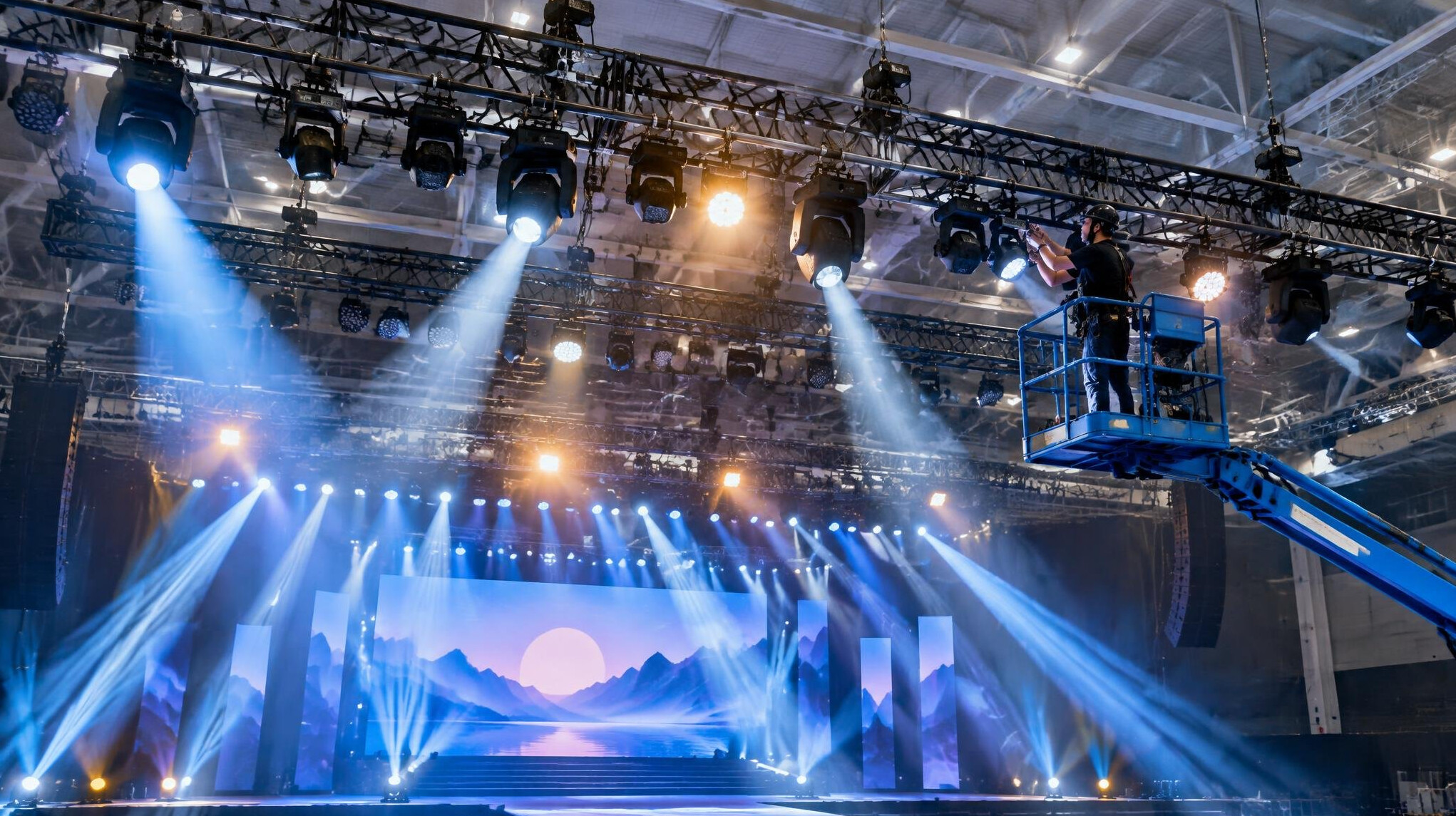 Stage lighting rig being adjusted above an event stage
