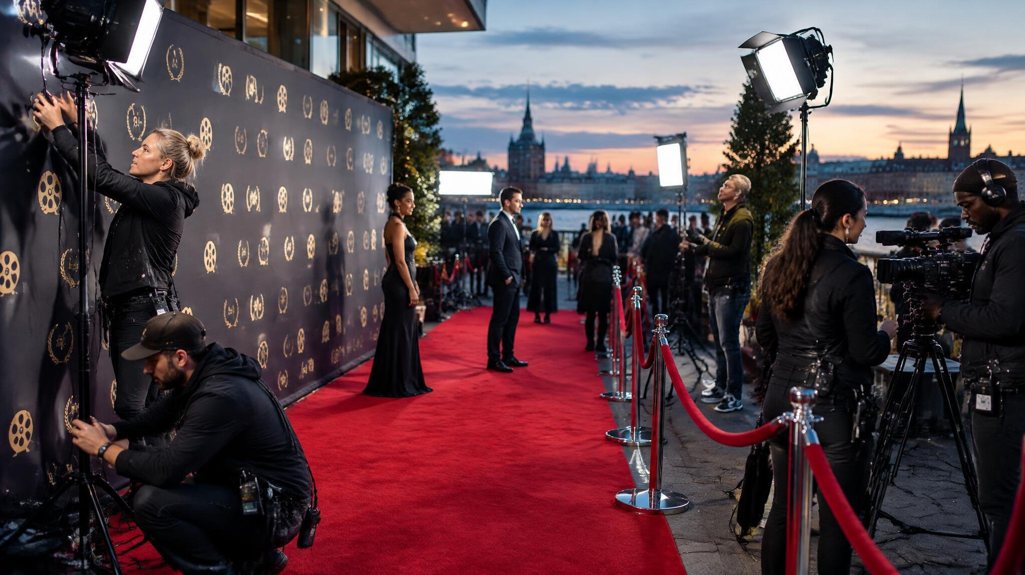 Red carpet arrival area set up with a step-and-repeat backdrop and crew preparing lighting