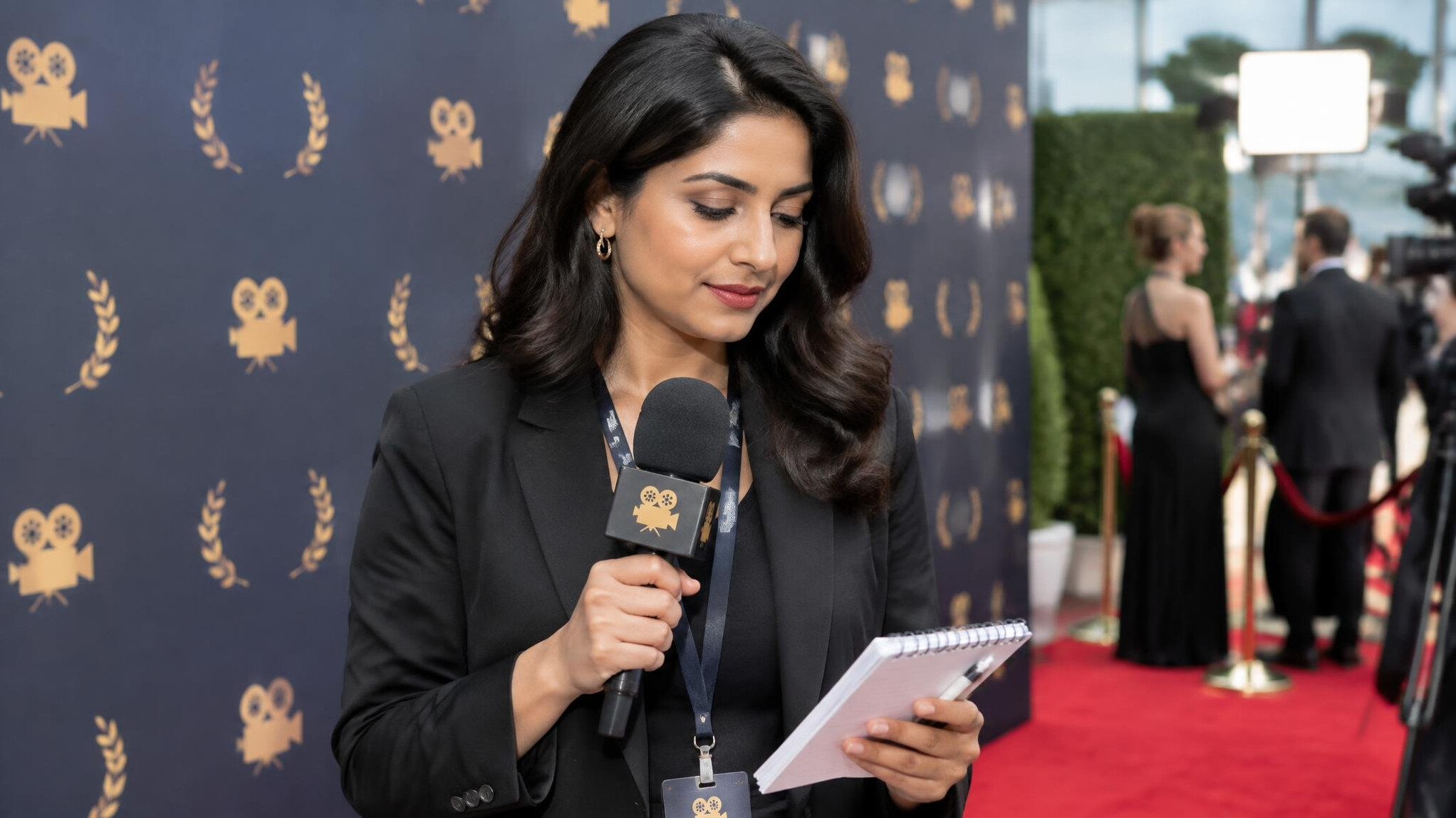 Journalist holding a microphone near a branded press backdrop