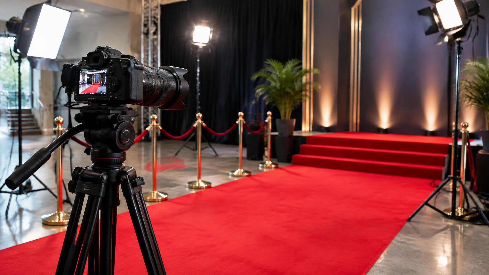 Camera on a tripod framing a red carpet stage from a side angle