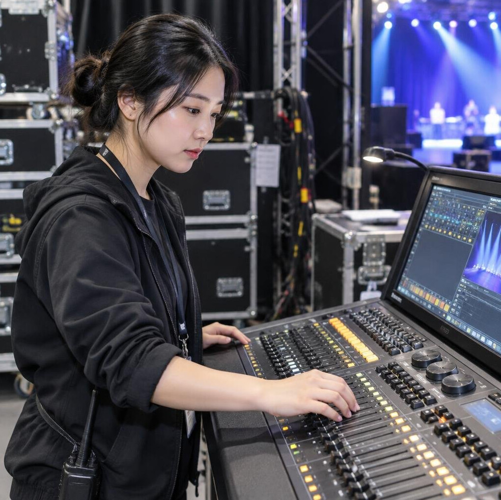 Production assistant checking a lighting control panel