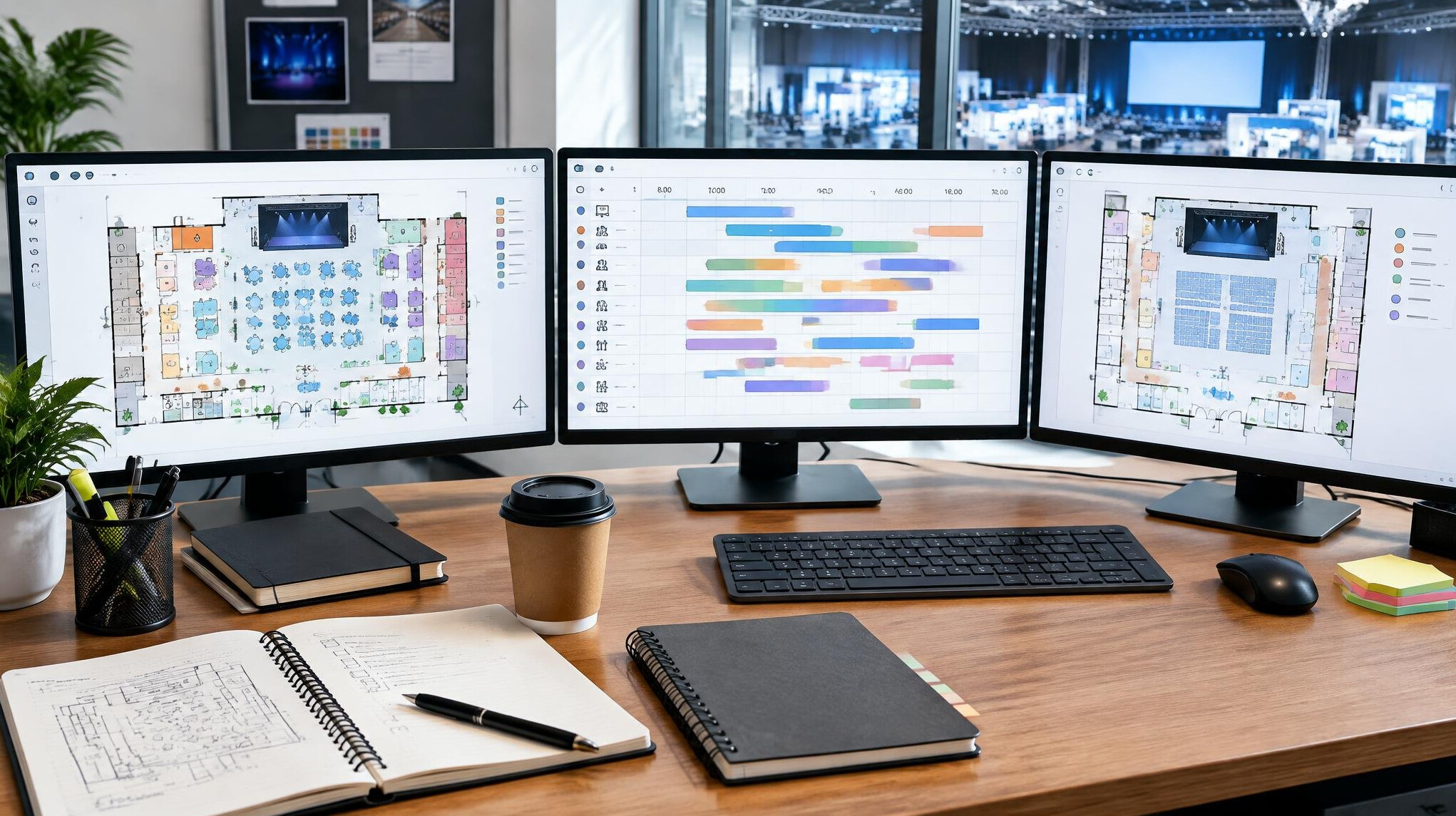 Production planning desk with monitors and event schedules