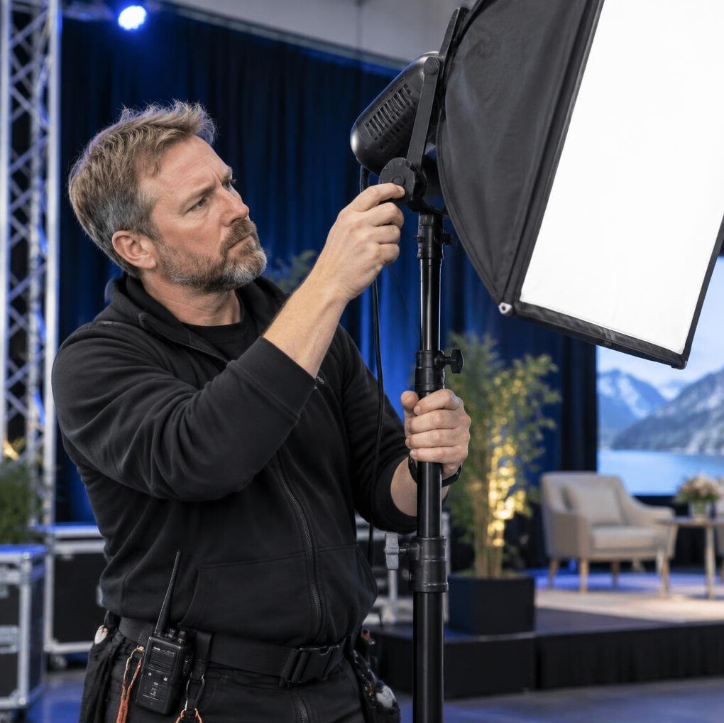 Lighting technician adjusting a softbox light stand