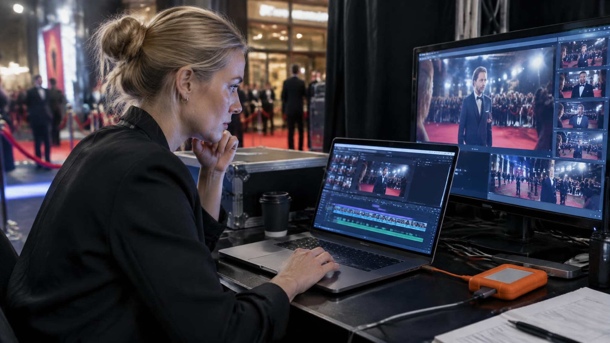 Editor reviewing event footage on a laptop and external monitor