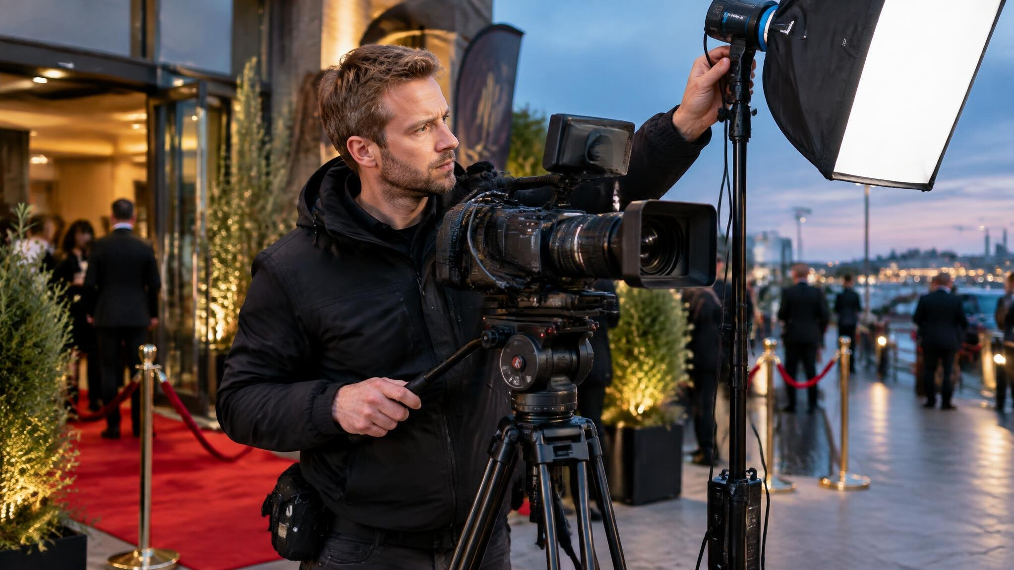 Camera operator adjusting a tripod and lighting rig at an event entrance