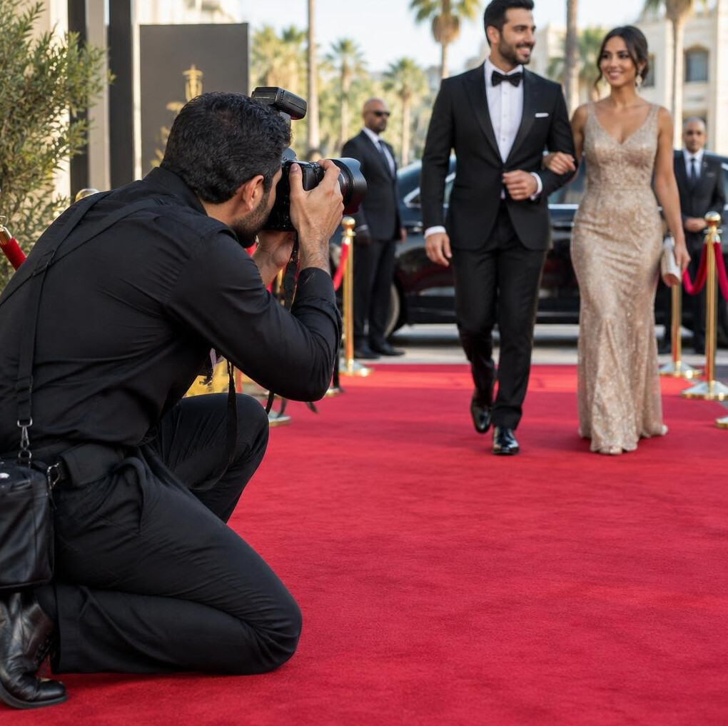 Photographer kneeling to photograph on a red carpet